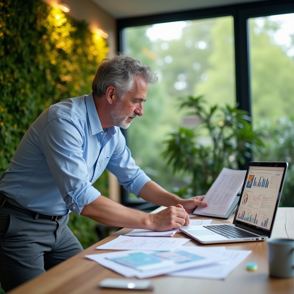 Datenanalyse am Schreibtisch mit Laptop und Visualisierungen